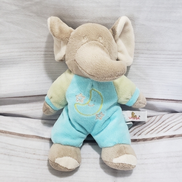 Unipak Baby Elephant 8" Plush Stuffed Animal Bell Rattle Blue Green Moon Stars - Picture 1 of 6